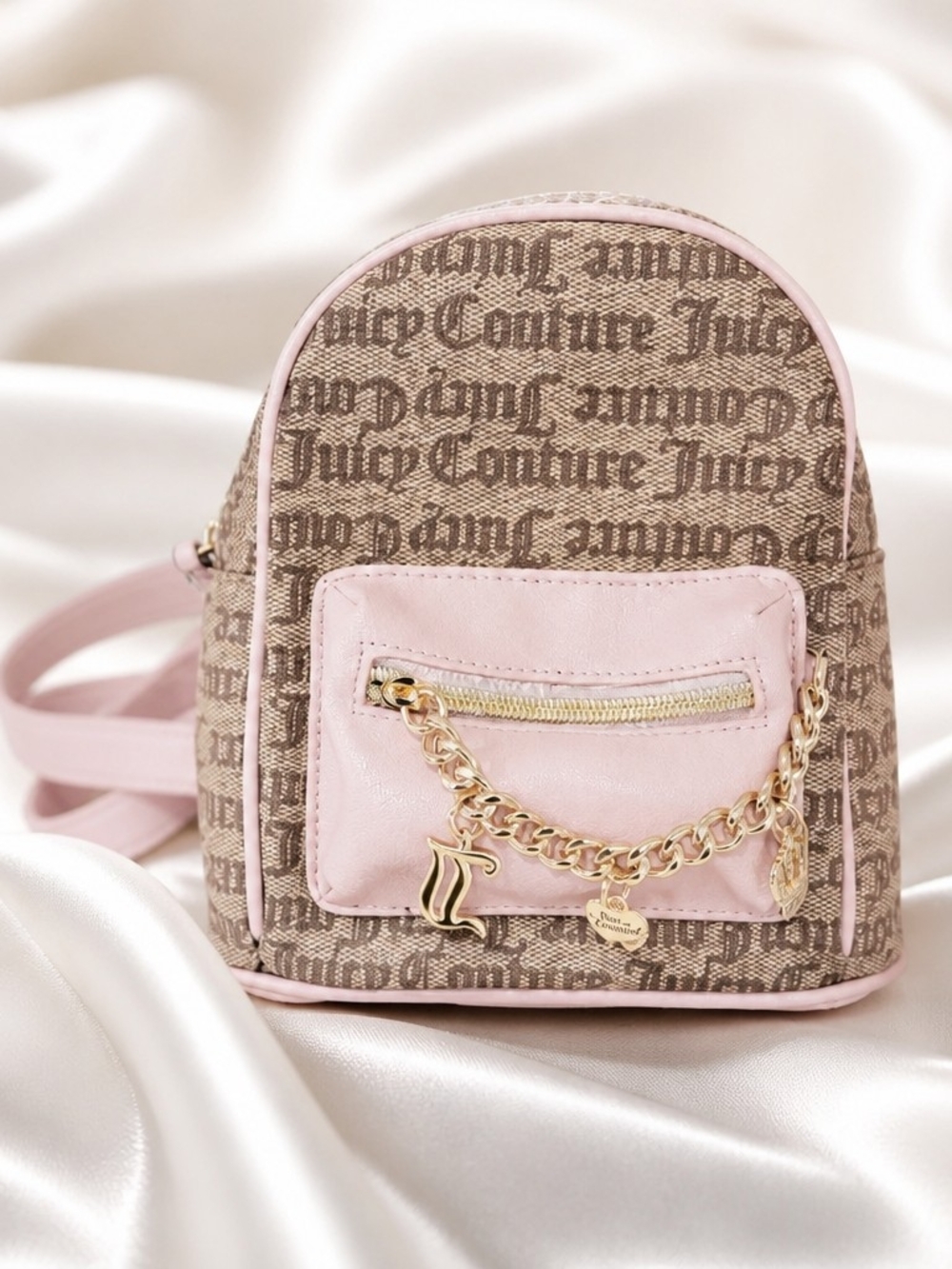 Juicy Couture Pink and Brown Logo Mini Backpack with Gold Chain Charm